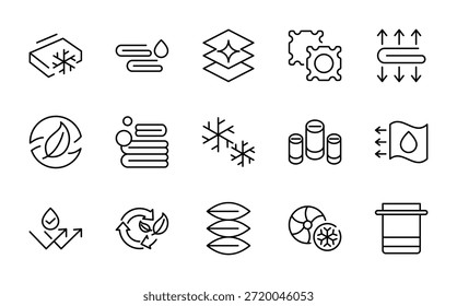 Conjunto de iconos de línea de lino. Almohada, edredón, sábana, cama, colchón, manta, toalla, carrete, descuento, con lavadora, detergente, plancha, colgador de línea conjunto de iconos. Ui paquete de iconos de línea delgada.