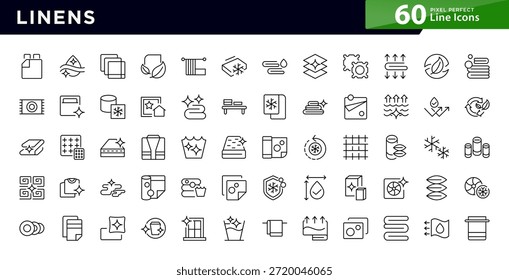 Linens line icon set. Pillow, duvet, sheet, bed, mattress, blanket, towel, spool, discount, featuring washer, detergent, iron, hanger line icon set. Ui thin line icon pack.