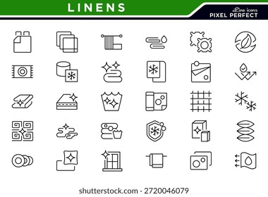 Conjunto de iconos de línea de lino. Almohada, edredón, sábana, cama, colchón, manta, toalla, carrete, descuento, con lavadora, detergente, plancha, colgador de línea conjunto de iconos. Ui paquete de iconos de línea delgada.