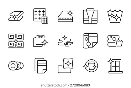 Conjunto de iconos de línea de lino. Almohada, edredón, sábana, cama, colchón, manta, toalla, carrete, descuento, con lavadora, detergente, plancha, colgador de línea conjunto de iconos. Ui paquete de iconos de línea delgada.