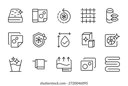 Conjunto de iconos de línea de lino. Almohada, edredón, sábana, cama, colchón, manta, toalla, carrete, descuento, con lavadora, detergente, plancha, colgador de línea conjunto de iconos. Ui paquete de iconos de línea delgada.