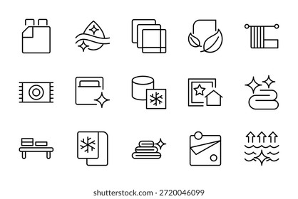 Conjunto de iconos de línea de lino. Almohada, edredón, sábana, cama, colchón, manta, toalla, carrete, descuento, con lavadora, detergente, plancha, colgador de línea conjunto de iconos. Ui paquete de iconos de línea delgada.