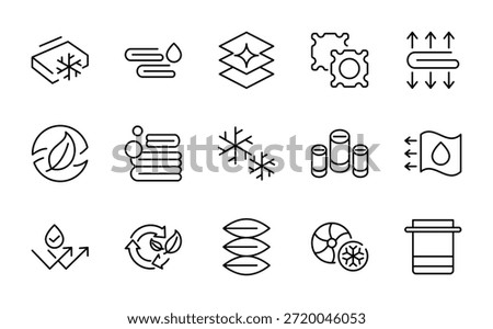 Linens line icon set. Pillow, duvet, sheet, bed, mattress, blanket, towel, spool, discount, featuring washer, detergent, iron, hanger line icon set. Ui thin line icon pack.