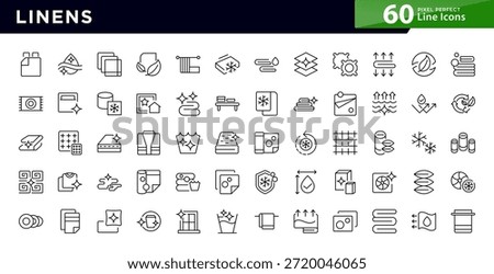 Linens line icon set. Pillow, duvet, sheet, bed, mattress, blanket, towel, spool, discount, featuring washer, detergent, iron, hanger line icon set. Ui thin line icon pack.