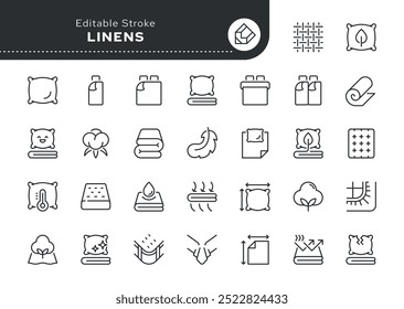 Symbolsatz für die Linie der Bettwäsche. Kissenbezug, Bettdecke, Betttuch, Einzel- und Doppelbettwäsche, Kissen, Matratze, Decke und mehr. Gliederungssymbol im linearen Stil. Vektorsammlung.	
