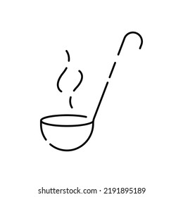 Lineo - Kitchen and Cooking line icon. Restaurant with cook and meal or food. Ladle and hot soup