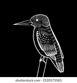 Lineocut kingfisher isolated, sketch, line art 