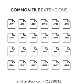 Line,outline flat style icon set. Source code, programming file type, extension. Document format. Pictogram. Web and multimedia. Computer technology.