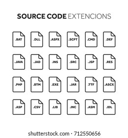 Line,outline flat style icon set. Source code, programming file type, extension. Document format. Pictogram. Web and multimedia. Computer technology.