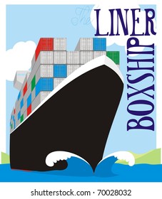 Liner Boxship - Container vessel steaming at full speed color vector illustration