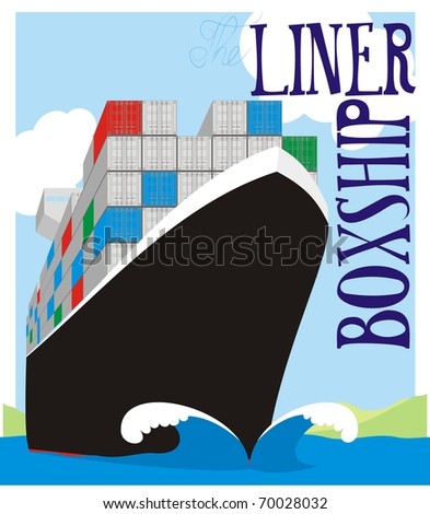 Liner Boxship - Container vessel steaming at full speed color vector illustration