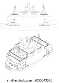 Liner contour of black lines isolated on white background. Passenger ship. Isometric side view. Vector illustration