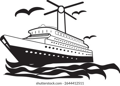 navio de cruzeiro que navega em águas calmas. Majestic navio de cruzeiro veleiro transatlântico, vetor de navio de cruzeiro, ilustração em preto e branco de um transatlântico clássico, veleiro clássico com vários mastros.