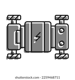 Línea rellenada con un icono de color gris. Plataforma de vehículos eléctricos. Chasis De Vehículo Eléctrico Con Baterías. Simple vector blanco y negro aislado sobre fondo blanco