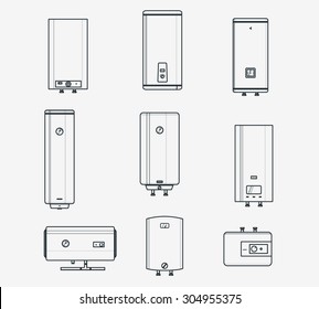 Liner icons set of boilers. Modern and classic, slim and designer boilers. Efficient house concept. Thin line style.