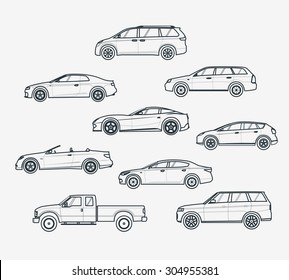 Liner icons set of cars types. Sedan and minivan, hatchback and coupe. Car sale concept. Thin line style.