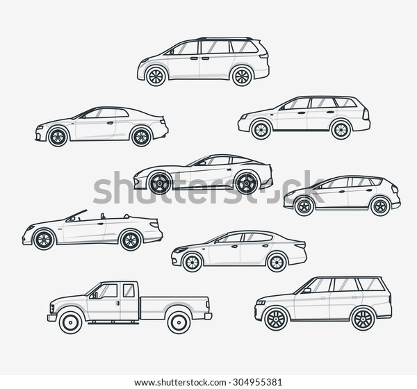 Liner icons set of\
cars types. Sedan and minivan, hatchback and coupe. Car sale\
concept. Thin line\
style.