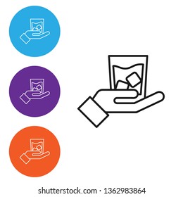 Liner illustration in four styles Whiskey in the glass with ice cubes icon.