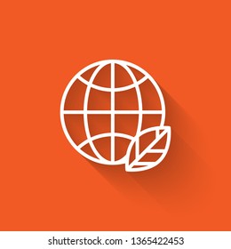 Liner illustration with long shadow on orange backgraund Eco planet icon, mockup save planet logo