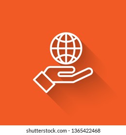 Liner illustration with long shadow on orange backgraund Save earth icon design. Save globe logo