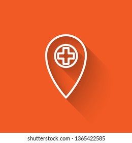 Liner illustration with long shadow on orange backgraund Medical Center icon. Designed for web and software interfaces.