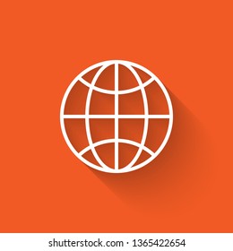 Liner illustration with long shadow on orange backgraund Globe icon vector. Planet illustration