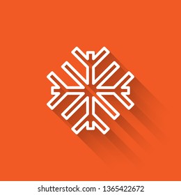 Liner illustration with long shadow on orange backgraund Snowflake icon. Christmas and winter theme.