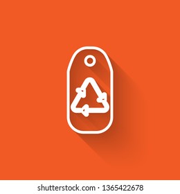 Liner illustration with long shadow on orange backgraund The waste processing icon on tag. Bio symbol.