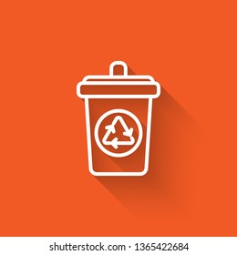 Liner illustration with long shadow on orange backgraund Thrash and recycling can. Garbage container set. Wheeled dumpster.