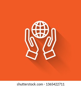 Liner illustration with long shadow on orange backgraund Save earth icon design. Save globe logo