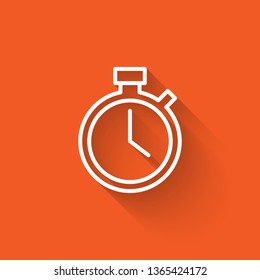 Liner illustration with long shadow on orange backgraund Clock icon. Timer icon. Countdown, deadline, schedule, planning symbol.