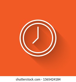 Liner illustration with long shadow on orange backgraund Clock icon for your web site design