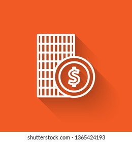 Liner illustration with long shadow on orange backgraund Vector design dollar coins icon