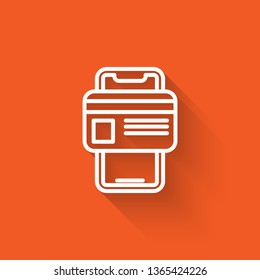 Liner illustration with long shadow on orange backgraund Online mobile payment concept with credit card icon