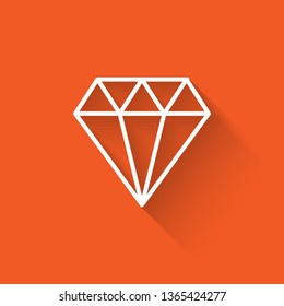 Liner illustration with long shadow on orange backgraund Diamond icon. Gemstone symbol