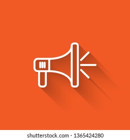 Liner illustration with long shadow on orange backgraund Megaphone, loudspeaker, mouthpiece symbol or icon.
