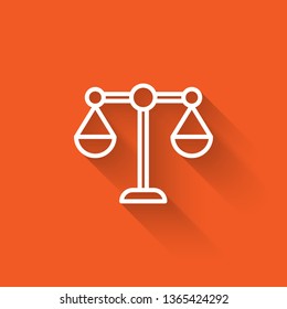 Liner illustration with long shadow on orange backgraund Libra, scale icon. Price comparison symbol.