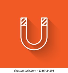 Liner illustration with long shadow on orange backgraund Magnet icon. Horseshoe magnet, magnetism, magnetize, attraction.