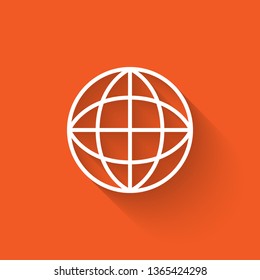 Liner illustration with long shadow on orange backgraund Globe vector icons, planet Earth