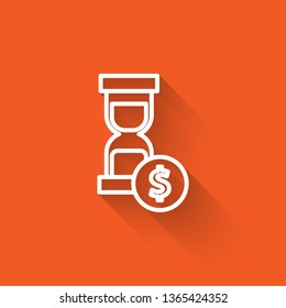 Liner illustration with long shadow on orange backgraund Time is money concept, clock and coin, long term financial investment