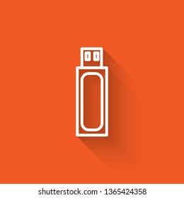 Liner illustration with long shadow on orange backgraund Vector tech icon usb flash drive.