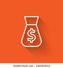 Liner illustration with long shadow on orange backgraund Money bag with dollar sign icon.
