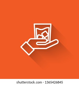 Liner illustration with long shadow on orange backgraund Whiskey in the glass with ice cubes icon.