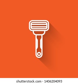Liner illustration with long shadow on orange background  Razor icon. Shaving vector icon