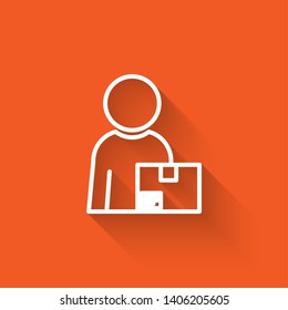 Liner illustration with long shadow on orange background  Deliveryman, service, box, worker, deliver concept