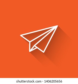 Liner illustration with long shadow on orange background  Paper plane icon vector. Send Message
