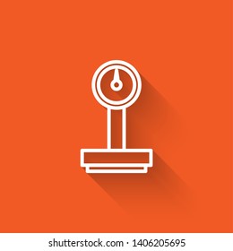 Liner illustration with long shadow on orange background  Libra, scale line icon. Price comparison symbol, logo illustration
