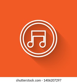 Liner illustration with long shadow on orange background  Music icon vector. Melody, song, note, sound, audio sign
