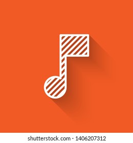 Liner illustration with long shadow on orange background  Music icon vector. Melody, song, note, sound, audio sign