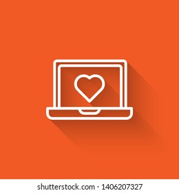 Liner illustration with long shadow on orange background  Laptop with heart icon